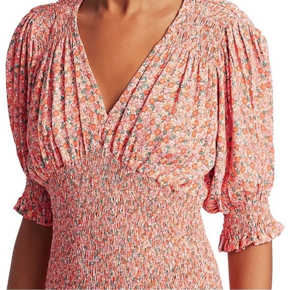 Faithfull the Brand Margherita Smocked Mini Dress V-Neck Short Sleeve Womens 2 - Picture 2 of 9